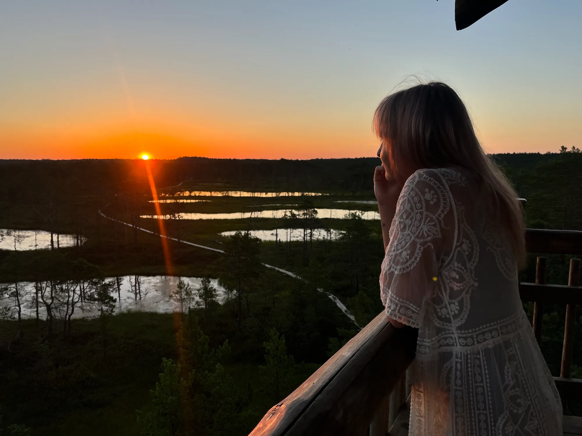 Sunrise view over an Estonian bog landscape from a wooden observation tower.